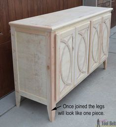 an old dresser is painted white and has the words once joined the legs will i look like one piece