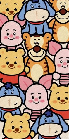 a group of winnie the pooh bears with different colors and patterns on it's face