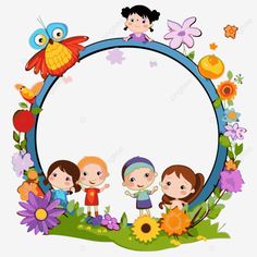 the children are standing in front of an oval frame with flowers and birds on it