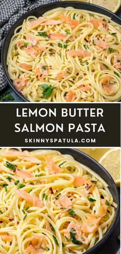 lemon butter salmon pasta in a skillet