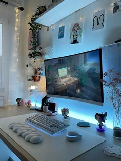 a computer desk with a monitor and keyboard on it