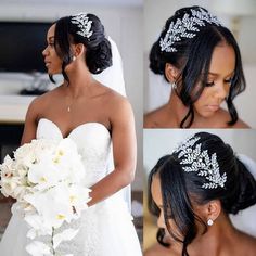 a woman in a wedding dress holding a bouquet and wearing a bridal hair comb