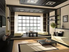 a living room with black and white decor