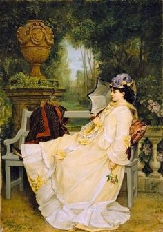 a painting of a woman sitting on a bench