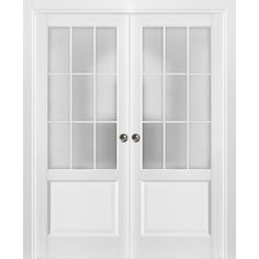 two white double doors with glass panels on the top and bottom, against a white background