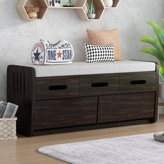 a wooden bench with storage underneath it in a living room next to a potted plant