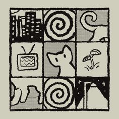 a black and white drawing of an animal in front of a tv screen with other animals on it