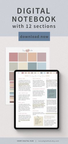 the digital notebook with 12 sections is shown on top of a tablet screen and next to it