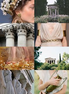 the collage shows many different types of statues and flowers in their hair, including an old greek temple