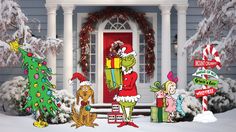 a christmas scene with the grinch and his friends in front of a red door