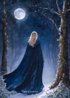 a painting of a woman standing in the snow at night with a full moon behind her