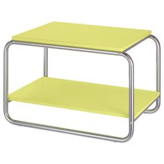 a yellow table sitting on top of a metal frame with two shelves underneath it and one shelf below