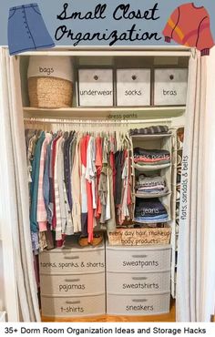 an organized closet with clothes and other items in it, including boxes and baskets for small closet organization