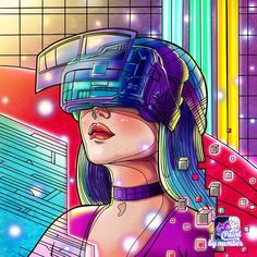 a woman wearing a virtual reality headset in front of a colorful background with lines and squares