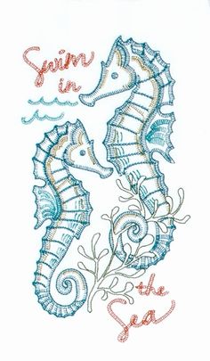 a white towel with seahorses on it and the words swim in the sea