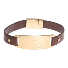 "You'll love having this Bella Uno leather and metallic ID boyfriend bracelet in your jewelry collection. You'll love having this Bella Uno leather and metallic ID boyfriend bracelet in your jewelry collection. Length: 8 in. Metal: zinc Finish: worn Packaging: decorative card Please note, due to the high value of this item, a signature may be required upon delivery. Size: 8"". Color: Gold. Gender: female. Age Group: adult." Adjustable Gold Leather Bracelet, Adjustable Gold Bracelets With Leather Strap, Gold Leather Bracelet As Fashion Accessory, Adjustable Metal Bracelet With Leather Strap, Adjustable Metal Bracelets With Leather Strap, Adjustable Gold Leather Jewelry, Adjustable Leather Bracelet With Magnetic Closure, Adjustable Gold Leather Bracelets, Gold Leather Bracelets For Everyday Use