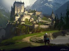 a man riding on the back of a horse next to a castle