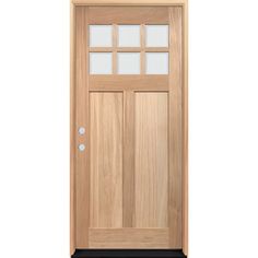 a wooden door with glass panels on the top and bottom panel, in front of a white background