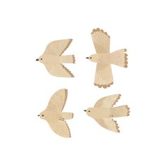 three wooden birds flying in the air