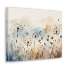 an abstract painting with dandelions in the foreground