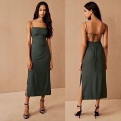 two pictures of a woman wearing a green dress and black heels, one is standing in front of the other