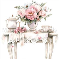 a watercolor painting of pink flowers in a vase and tea set on a table