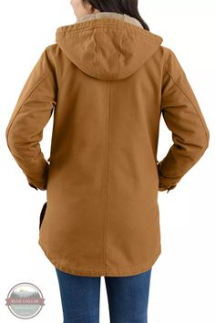 Carhartt 105512-BRN Loose Fit Washed Duck Coat in Carhartt Brown Warmth Rating Earned: Level 2 - Warmer - Engineered For Midrange Warmth in Moderately Cold Conditions. When the work won't wait for warmer weather, zip into this women's weathered duck coat. Arctic-weight insulation and a sherpa-lined collar keep you warm in the barn or at the job site. The loose fit layers well over pullovers and heavy sweaters through the winter, and a quilted nylon lining makes for easy on and off. Wear it with Heavy Sweaters, Carhartt Womens, Fitted Coat, Classic Jacket, Womens Parka, Work Jackets, The Barn, Field Jacket, Sherpa Lined