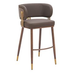 an upholstered bar stool with wooden legs and a padded seat in grey fabric