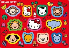 an image of hello kitty stickers on a red background with fruits and animals around it