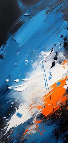 an abstract painting with blue, orange and white colors