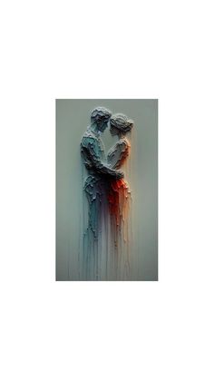 an abstract piece of art with paint dripping down the wall and two people hugging each other