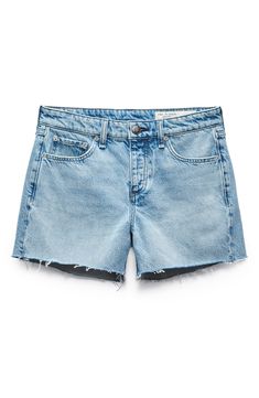 A current take on low-rise denim, these nonstretch shorts sit below the natural waist and feature whiskering and distressing to add to the casual feel. 3 1/2" inseam; 23" leg opening; 11 1/2" front rise; 13 1/2" back rise (size 33) Zip fly with button closure Five-pocket style 100% cotton Machine wash, line dry Imported Low Rise Shorts, Denim Cutoff Shorts, Rag & Bone, Cut Off, Low Rise, Denim Shorts, Nordstrom, Closet, Quick Saves