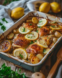 a pan filled with chicken and lemons on top of a wooden table