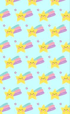 stars and clouds on a blue background with pink, yellow, and green glitters