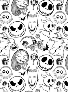 a black and white pattern with halloween characters