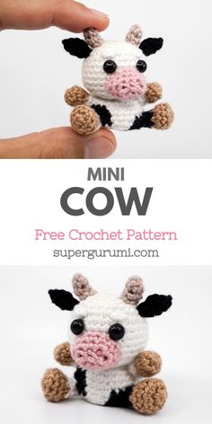 a small crocheted cow sitting in front of a white background with the words mini cow