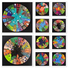 four circular pieces of art with different colors and shapes on each piece, all in one circle