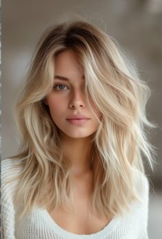 Long Beige Blonde Hair, Medium Beachy Haircut, Blonde Hair With Smudged Roots, Low Lights On Dirty Blond, Youthful Hairstyles Look Younger, No Styling Haircut, Layered Blonde Hair Medium, Blond Long Bob, Best Blonde For Pale Skin