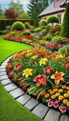 a garden with lots of colorful flowers in the center and green grass on the other side