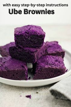 purple brownies stacked on top of each other on a white plate with text overlay that reads, with easy step - by - step instructions