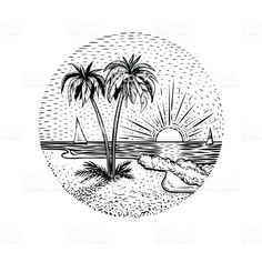 a black and white drawing of two palm trees on the beach