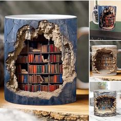 there is a coffee mug with books on it and pictures of the inside of it