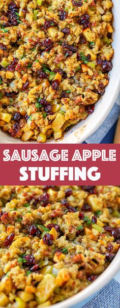 sausage apple stuffing in a white casserole dish with the title text above it