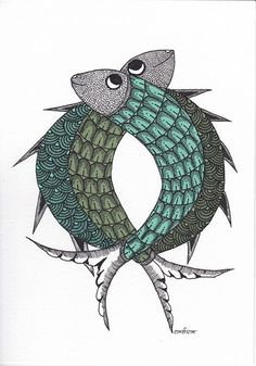 a drawing of a fish with an o on it's tail and two eyes