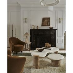 a living room filled with furniture and a fire place in front of a fireplace on top of a rug