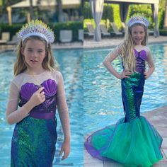 Diy Mermaid Costume Kids, Baby Dragon Costume, Green Mermaid Dress, Mermaid Dress Girls, Little Mermaid Dress, Girls Mermaid Costume, Sequin Purple, Little Mermaid Party, Little Mermaid Dresses