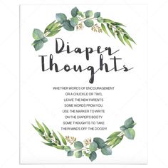 a white card with green leaves and the words diaper thoughts