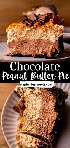 chocolate peanut butter pie on a white plate with a fork and text overlay that reads, chocolate peanut butter pie