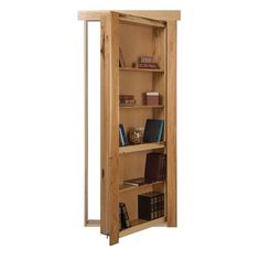 a wooden book shelf with books on it