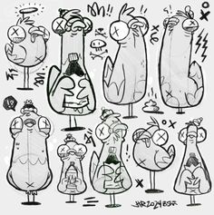 an image of cartoon characters drawn in black and white ink on paper, with various expressions